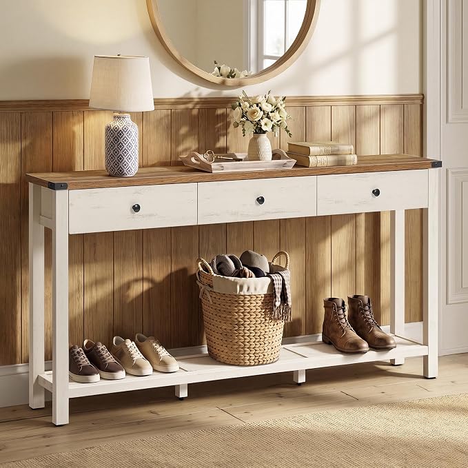 VASAGLE LIRY Collection Narrow Console Table with 3 Drawers and Shelf, Sofa Table 9.4 x 63 x 29.9 Inch, Easy Assembly, Entryway, Living Room, Farmhouse Style, Honey Brown and Rustic White ULNT148W101