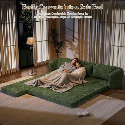 Vesgantti 110.2" Modular Sectional Sofa with Curved Armrest, 6 in 1 Convertible Folding Sleeper Sofa Bed, Chenille Boneless Couch for Living Room, No Assembly Required, Green, Left Facing Chaise
