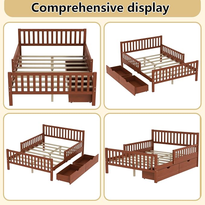 Bellemave Kids Full Bed Frame with Fences and 2 Drawers, Full Size Wooden Platform Bed with Guardrails on Both Sides for Boys Girls, Walnut