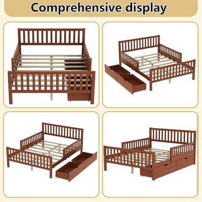 Bellemave Kids Full Bed Frame with Fences and 2 Drawers, Full Size Wooden Platform Bed with Guardrails on Both Sides for Boys Girls, Walnut