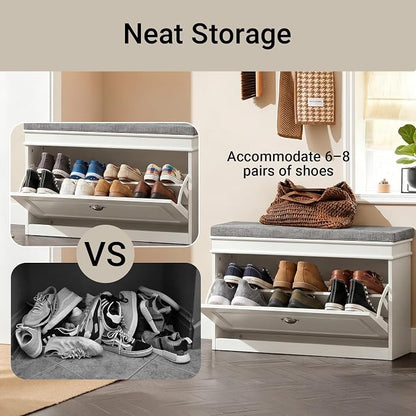 Haotian Shoe Storage Bench with Cushion, White Narrow Shoe Rack for Entryway, Small Shoe Cabinet with Flip-Drawer, Closet Hallway Mudroom FSR82-L-W