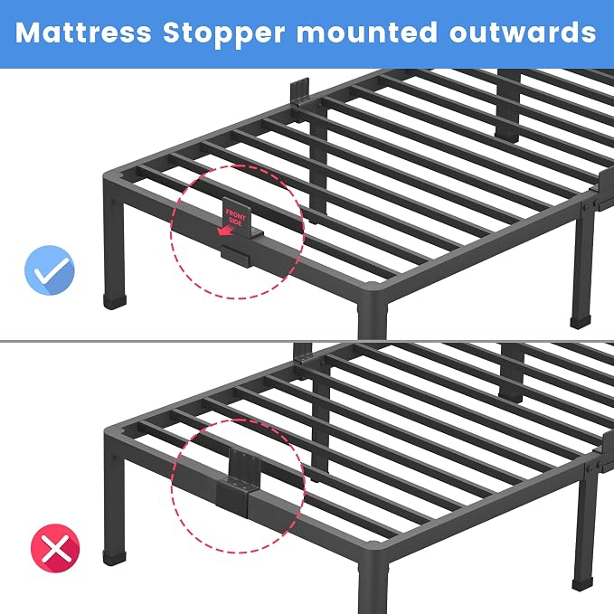 MAF 18 Inch Full Size Bed Frame with Round Corner Legs Mattress Slide Stopper No Box Spring Needed Heavy Duty Metal Platform Bed Frames Under-Bed Storage Space, 3000 LBS Steel Slats Support