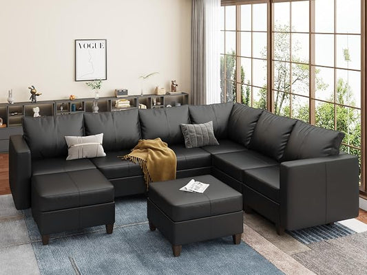 EASE MOOSE Faux Leather Sectional Sofa with Storage,Large U Shaped Faux Leather Modular Couch Sofa, Black