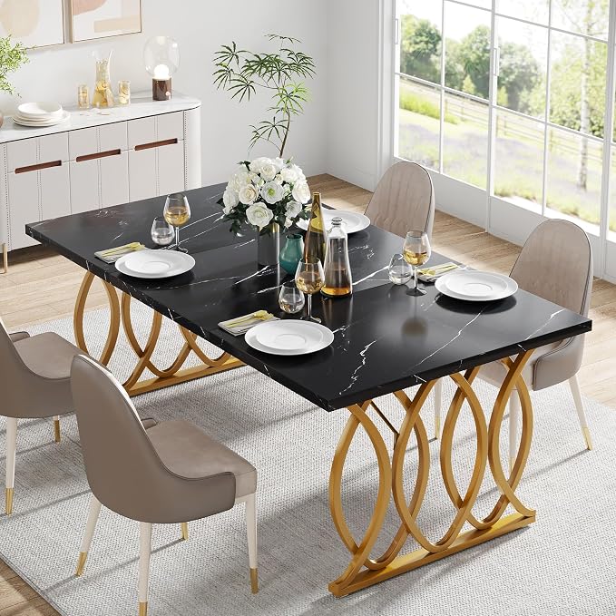 Tribesigns Modern Dining Table, 63" Large Kitchen Table for 4-6 People, Unique Rectangular Dinner Table Kitchen & Dining Room Furniture with Black Faux Marble Tabletop and Geometric Legs