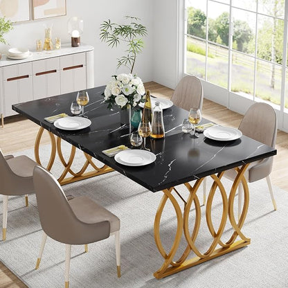 Tribesigns Modern Dining Table, 63" Large Kitchen Table for 4-6 People, Unique Rectangular Dinner Table Kitchen & Dining Room Furniture with Black Faux Marble Tabletop and Geometric Legs