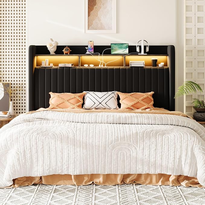 Allewie King Size Lift Up Hydraulic Storage Bed Frame, 2-Tier Shelf Headboard with LED Lights and Charging Station, USB and Type C Ports, Wingback Velvet Headboard, No Box Spring Needed, Black