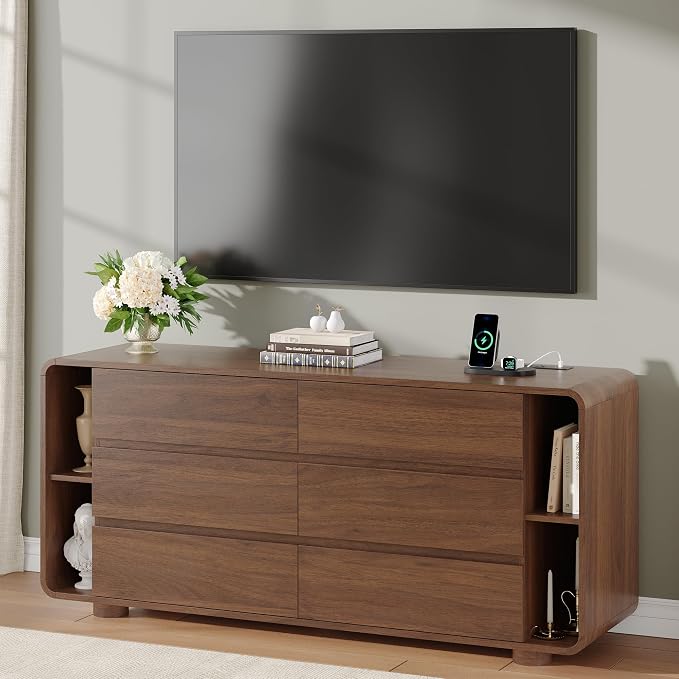 Whalefall 63 Inch 6 Drawer Dresser with Shelves, Rounded Corner, Walnut | Large Chest of Drawers for Bedroom, Mid Century Modern, Wood Closet Storage Organizer, Wide TV Stand for Living Room