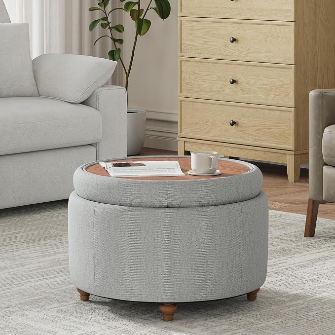 25Inch Round Ottoman with Storage, Tufted Fabric Modern Circle Ottoman with Reversible Tray Lid and Wood Legs, Multi-Functional Small Coffee Table for Living Room, Bedroom, Gray