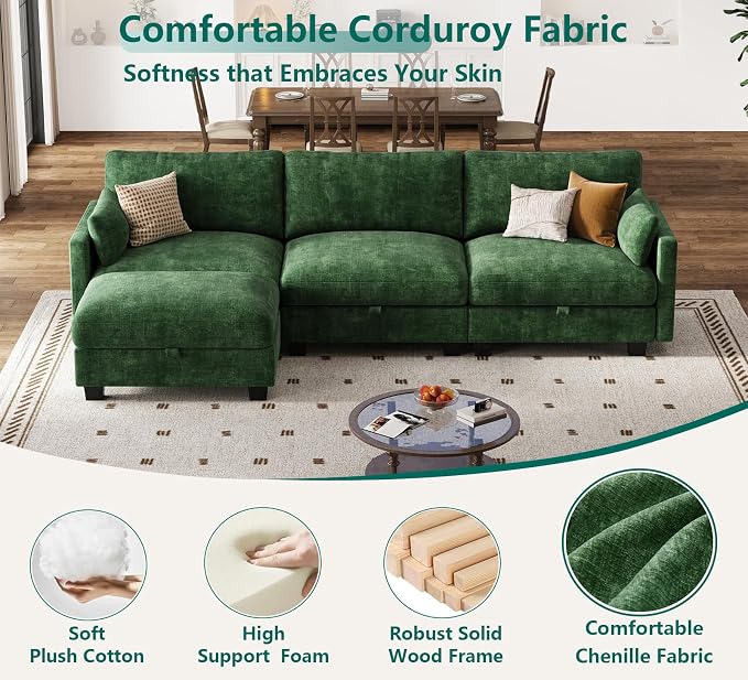 Modular Sectional L Shaped Sofa Couches for Living Room, Cloud Couch with Storage Ottoman, Comfy Chenille Sofa with Pillow, Green