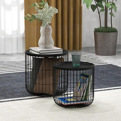 HOMCOM Nesting Coffee Tables, Round Coffee Table Set of 2 with Steel Wired Basket Body and Removable Top, Stacking End Tables Blanket Storage for Living Room, Black