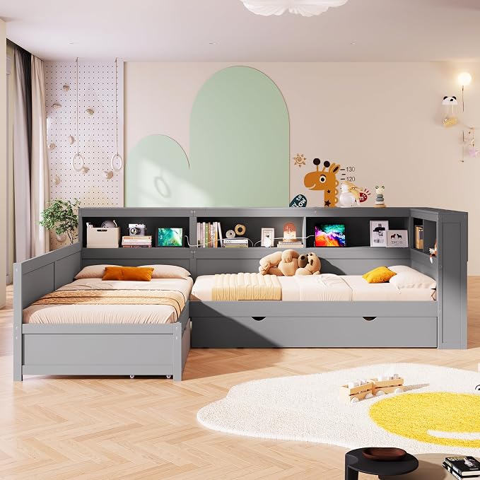 Bellemave L Shaped Corner Bed for 2 Kids, Double Twin Platform BedFrame with Trundle and 5 Storage Shelves, Charging Station, Gray