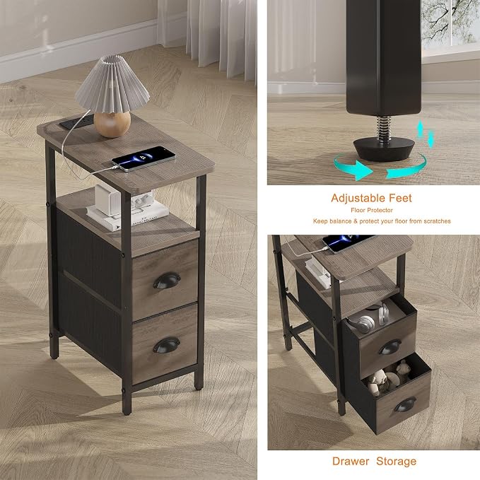 sthmec Narrow End Table with Charging Station, Narrow Side Table with 2 Fabric Drawers, LED End Table, Slim Nightstand with LED Light, Small Side Table for Small Spaces, Living Room, Bedroom, Grey