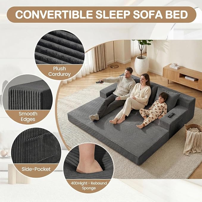78.5” Convertible Sofa Bed,Corduroy 3 Seater Boneless Couch Bed Futon,Fold Out Couch with 3 Pillows,Loveseat Sleeper with Pull Out Bed for Living Room, Guest,Bedroom,Grey