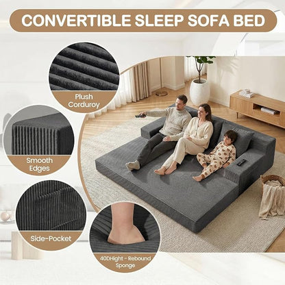 78.5” Convertible Sofa Bed,Corduroy 3 Seater Boneless Couch Bed Futon,Fold Out Couch with 3 Pillows,Loveseat Sleeper with Pull Out Bed for Living Room, Guest,Bedroom,Grey