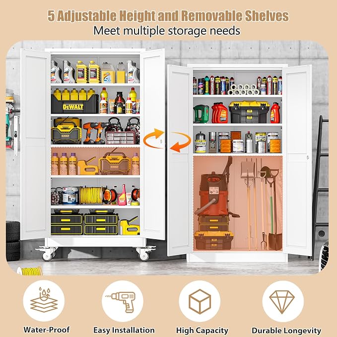 74" H Metal Pantry Storage Cabinet with Wheels,Rolling Kitchen Pantry Cabinet with 2 Doors and 5 Adjustable Shelves, Locker Steel Cabinet,Organization Cabinet for Garage,Home,Gym,School,White