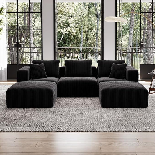 Avenco 106.2” U-Shaped Modular Sectional Sofa Couch with 2 Ottomans, Individually Wrapped Coil Support & Corduroy Fabric, Zero Assembly 5-Piece Set for Mid-Size Living Room, Black