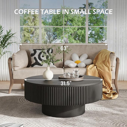 YOUDENOVA 31.5” Round Fluted Coffee Table, Modern Wood Circle Coffee Table, Veneer Handcrafted Relief Tea Table with Sturdy Pedestal for Living Room，Easy Assembly - Black