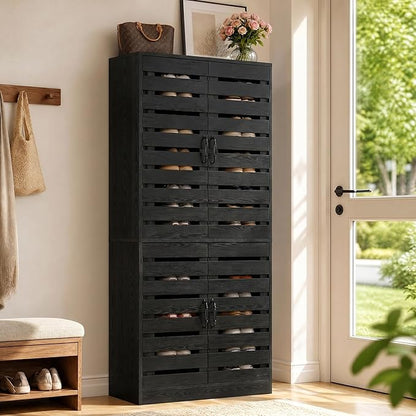 Tribesigns 71 in. Tall Shoe Cabinet with Doors,9-Tier Rustic Black Wood Vertical Shoe Storage with Adjustable Shelves and Metal Handle for Entryway,Living Room,Hallway