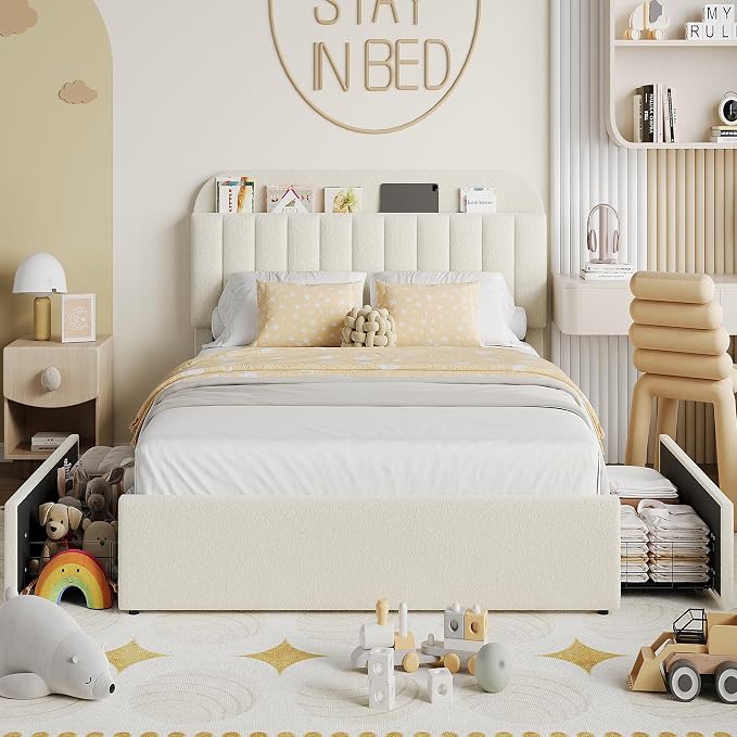 Garvee Full Size Bed Frame with 2 Flexible Drawers, Boucle Upholstered Platform Bed Frame with Bookcase Headboard, Bedframe for Kids/Girls, Easy Assembly, No Box Spring Needed, Noise Free, Beige
