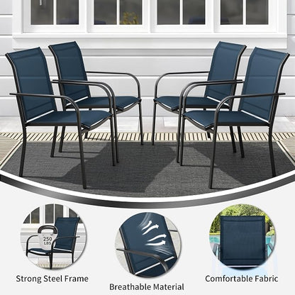 SUNCROWN 8 - Piece Outdoor Dining Set, Patio Furniture Set with 6 Textilene Dinning Chairs, 1 Rectangle Metal Table and 1 Dark Blue 9Ft Patio Umbrella for Lawn Garden Backyard Deck, Blue