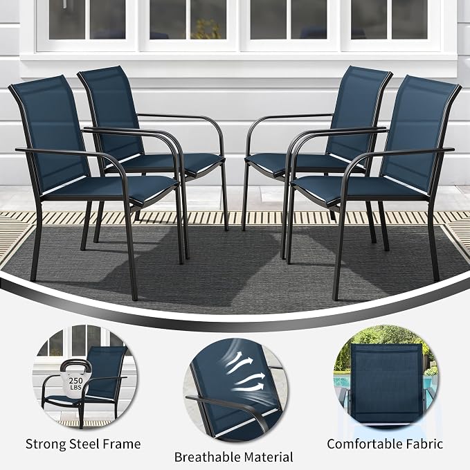 SUNCROWN 5 - Piece Furniture Set, Outdoor Dining Set with 4 x Textilene Dinning Chairs and 1 Steel Slat Metal Bistro Table for Lawn Garden Backyard Deck, Dark Blue