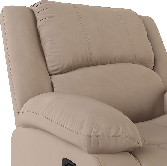 Warren 35.5" Manual Pull-Handle Recliner, Traditional Overstuffed, Pocket Coil Comfort, Black Metal Base Legs, Soft Microfiber Fabric, Beige