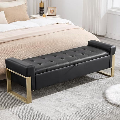67'' End of Bed Storage Bench, Storage Ottoman Bench for Bedroom King Size, Modern Faux Leather Benches for Foot of Bed with Gold Legs for Window Living Room Entryway, Black