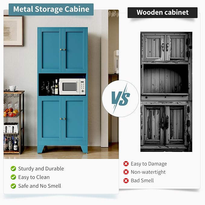 69" Tall Metal Pantry Cabinet with Microwave Stand,Microwave Storage Cabinet with 4 Doors & 3 Adjustable Shelves for Kitchen (4doors-Blue, 13.78" D x 27.54" W x 68.9" H)