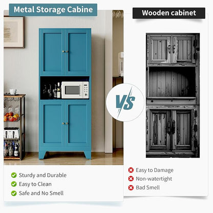 69" Tall Metal Pantry Cabinet with Microwave Stand,Microwave Storage Cabinet with 4 Doors & 3 Adjustable Shelves for Kitchen (4doors-Blue, 13.78" D x 27.54" W x 68.9" H)