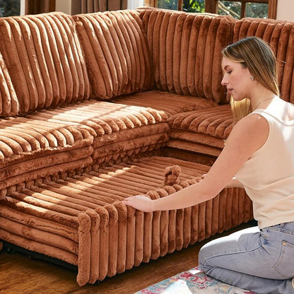 Belffin Corduroy Sectional Sleeper Sofa with Pull Out Bed Modular Sectional Loveseat Sofa Bed for Living Room Brick Red Couch