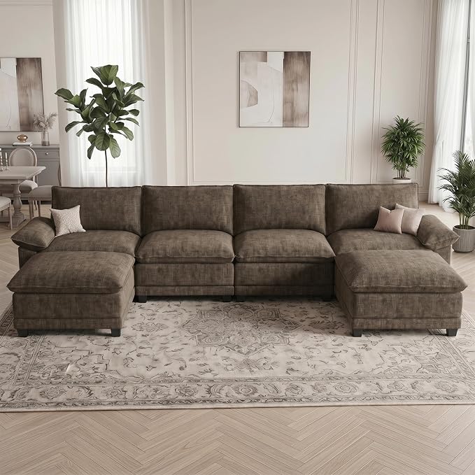 Modern U Shaped Sofa Couches for Living Room, Modular Sectional Cloud Couch with Movable Ottoman, Comfy Chenille Sofa for Apartment and Small Space, Taupe