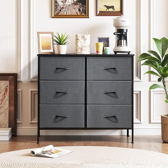 6-Drawer Dresser for Bedroom, Anti-Tip Wide Storage Organizer Chest of Drawers with Wooden Top and Metal Frame Fabric Bins for Closet, Living Room, Hallway, Entryway, Gray
