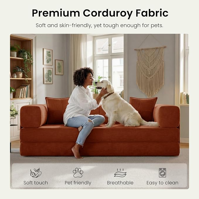 78.8" Convertible Futon Sofa Bed,Corduroy Futon Couch with Storage Pocket,Folding Pull Out Sofa,No Assembly Boneless Couch for Living Room,Rust Red