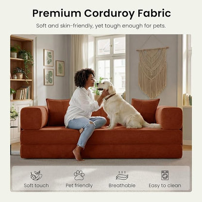 78.8" Convertible Futon Sofa Bed,Corduroy Futon Couch with Storage Pocket,Folding Pull Out Sofa,No Assembly Boneless Couch for Living Room,Rust Red