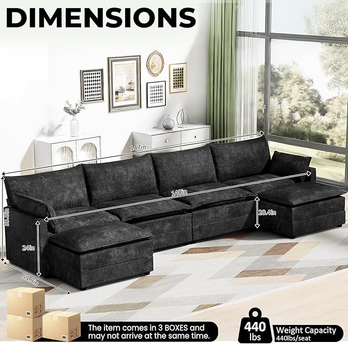 LEVELEVE 147" U-Shape Modular Sofa with 2 Ottomans, Deep Seat Cloud Convertible Sleeper, 2 Arm Pillows, Comfortable Large Upholstered Furniture for Living Room Apartment, Black
