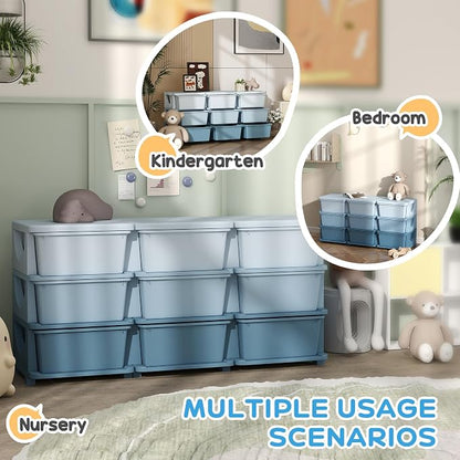 Qaba 3 Tier Kids Storage Unit, Toy Organizers and Storage with 9 Drawer Chest for Kids Bedroom Nursery Kindergarten Living Room for Boys Girls Toddlers, Blue