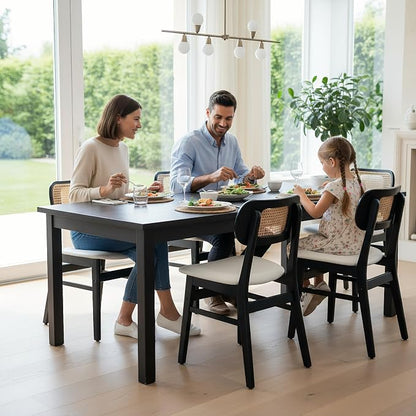 ROCITY Black Rattan Dining Chairs Set of 6 Sherpa Dining Room Chairs Natural Wooden Kitchen Chairs Farmhouse Boho