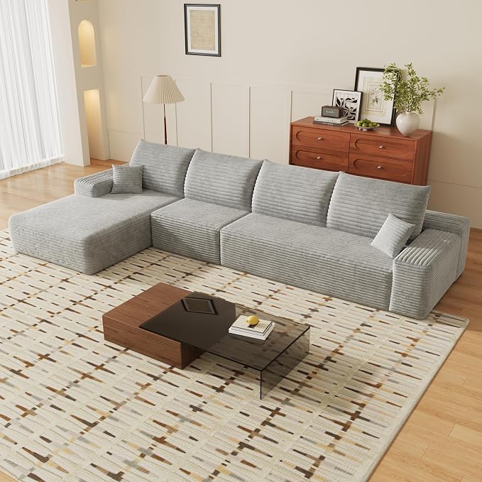 135" Corduroy Couch Sectional with Chaise, L Shape Boneless Cloud Couches for Living Room Bedroom, Modular Corner Couch, Fluffy Deep Seat Compression Sofa, Left Facing Chaise, No Assembly, Grey