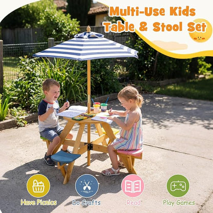 Costzon Kids Picnic Table, 4-Person Wooden Toddler Outdoor Table & Stool Set with Adjustable Umbrella, Wooden Kids Outdoor Furniture for Patio Backyard Lawn Garden