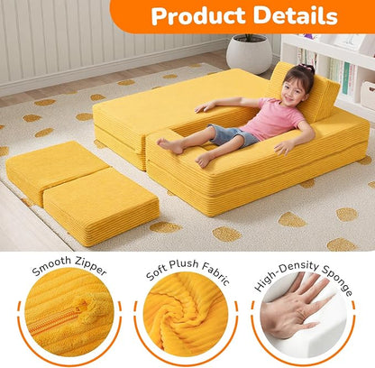 MeMoreCool Modular Kids Couch, Corduroy Play Toddler Couch for Bedroom Playroom Furniture, Convertible Foam Kids Sofa Bed, Fold Out Baby Sofa for Girl Boy, Yellow