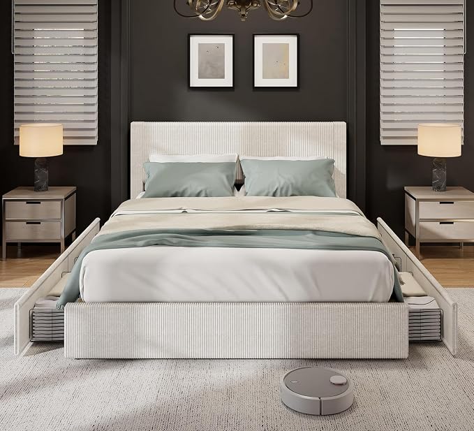 GAOMON Corduroy Queen Bed Frame with Headboard, Platform Upholstered Bed Frame with 4 Storage Drawers and Wooden Slats Support, No Box Spring Needed, Beige