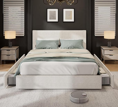GAOMON Corduroy Queen Bed Frame with Headboard, Platform Upholstered Bed Frame with 4 Storage Drawers and Wooden Slats Support, No Box Spring Needed, Beige