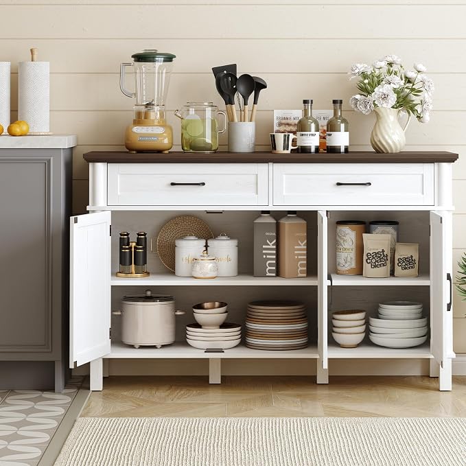 ONBRILL 55 Inch Buffet Cabinet with Storage, Farmhouse Sideboard Buffet w/2 Drawers and 3 Doors, Wood Coffee Bar Cabinet with Adjustable Shelves, Sideboard Storage for Kitchen, Living Room, Off White
