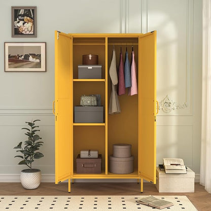 Lockable Closet Metal Wardrobe 67" Yellow 2 Door Wardrobe Bedroom Storage Cabinet Adjustable shelf Multi functional metal Storage Cabinet with hanging rail for domestic use 18.1" D x 31.5" W x 67" H