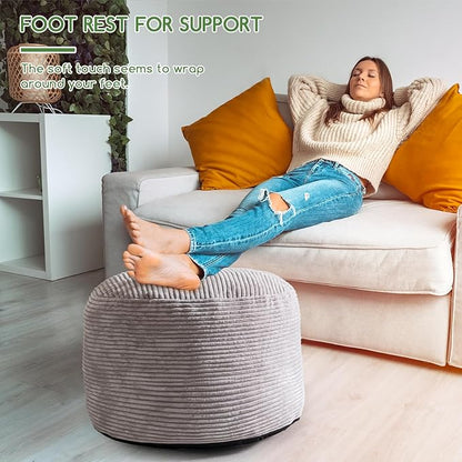 HIGOGOGO Round Stuffed Pouf Ottoman, Corduroy Poufs with Foam Chunk Filling, Furry and Fluffy Pouf Foot Stool Storage Ottoman, 26 X 18 Floor Poufs Foot Rest for Living Room, Grey