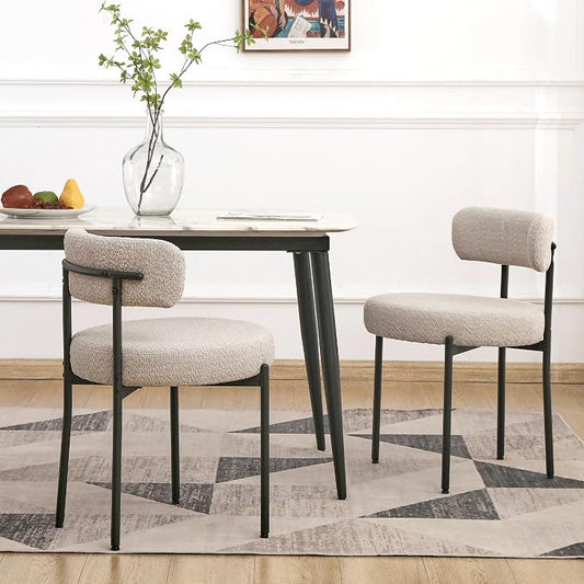 EDWELL Boucle Dining Chairs Set of 2, Round Upholstered Dining Room Chairs with Black Metal Legs, Modern Kitchen Dining Room Chairs for Kitchen, Living Room