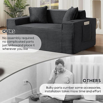 Boneless Sectional Sofa Couch with Cup Holders & Side Pockets, Modern Corduroy Fabric Deep Seat Loveseat Cloud Couch for Living Room Office, No Assembly (Grey)