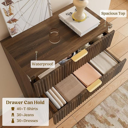 Lulive White Dresser for Bedroom Wood Tall Dressers Drawers, Fluted Modern Dresser 5 Drawers Walnut