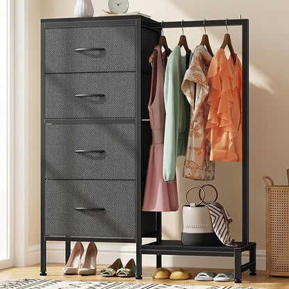 HIGDBFE Dresser with Hanging Rack, 4 Drawers Small Closet for Bedroom, Reversible Fabric Kids Chest of Drawers with Clothes Rack, Tall Storage Tower, Sturdy Frame, Grey, 44''H