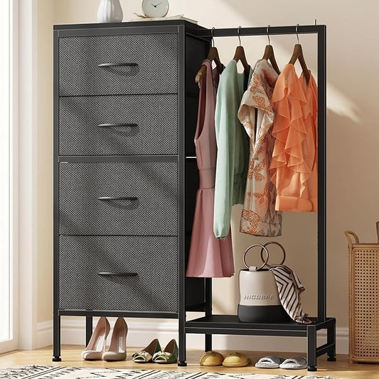 HIGDBFE Dresser with Hanging Rack, 4 Drawers Small Closet for Bedroom, Reversible Fabric Kids Chest of Drawers with Clothes Rack, Tall Storage Tower, Sturdy Frame, Grey, 44''H